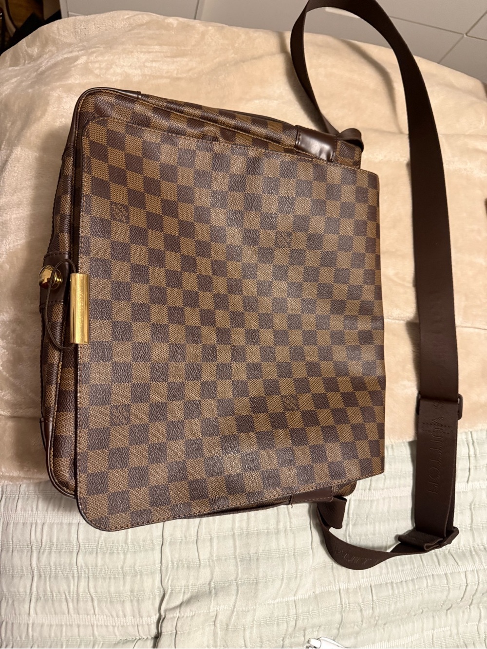 Louis Vuitton Brown Damier Messenger Bag with Gold-Tone Accent